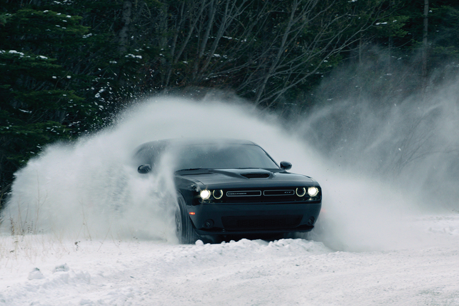 Front view of the black 2019 Dodge Challenger driving through snow in the forest