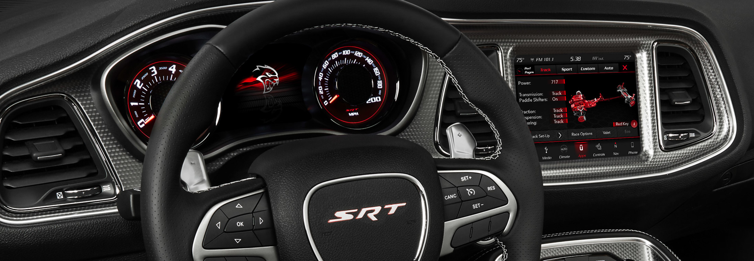 Interior view of the 2020 Dodge Challenger SRT steering wheel, dashboard, display, and centre console