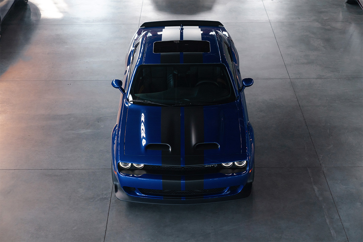 Birds Eye view of the blue 2020 Dodge Challenger parked in a studio