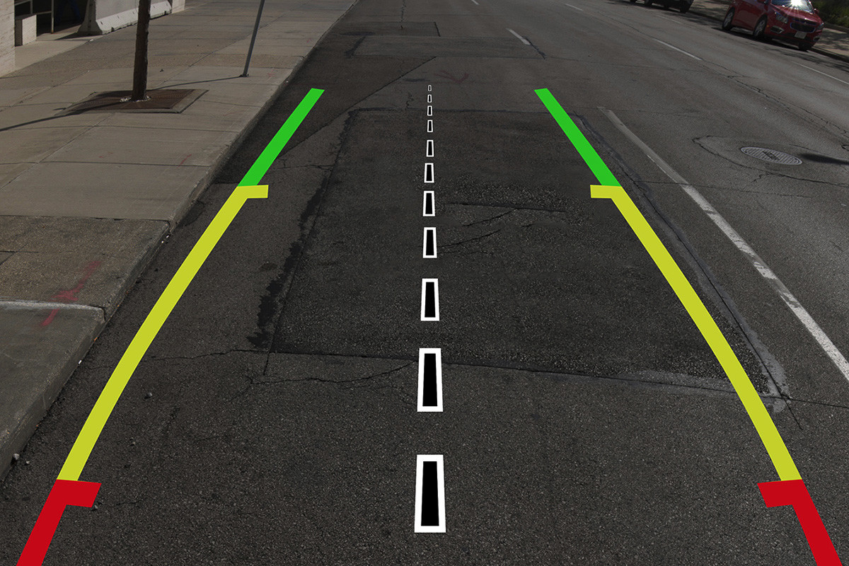 Vue de la caméra de recul ParkViewMD de la Dodge Challenger 2020 montrant les lignes de guidage de stationnement