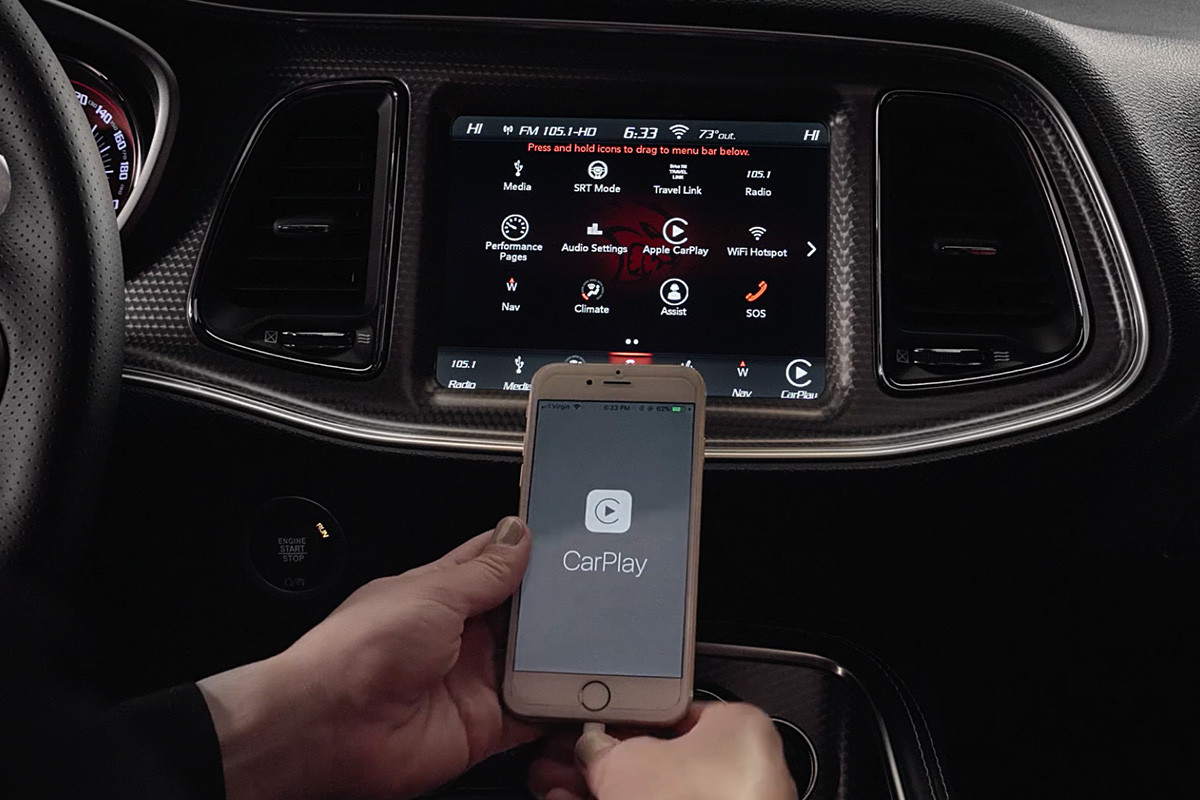 8.4-inch touchscreen of the 2020 Dodge Challenger showing Uconnect® Multimedia Centre screen