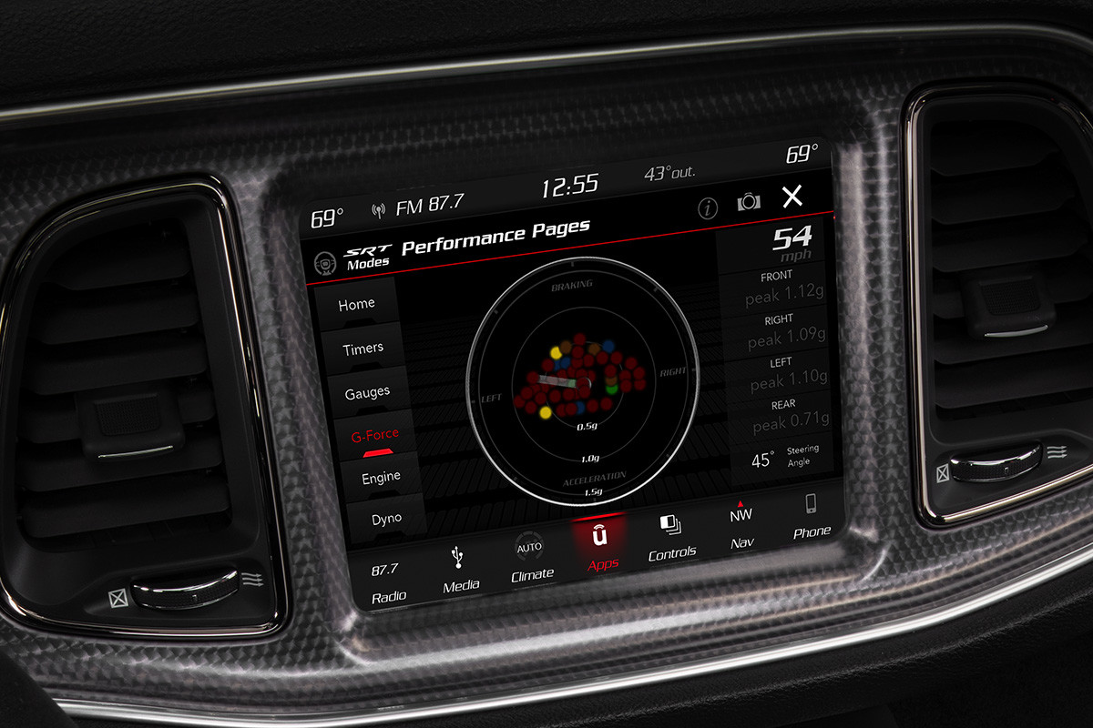 8.4-inch touchscreen of the 2020 Dodge Challenger while performance page on the screen