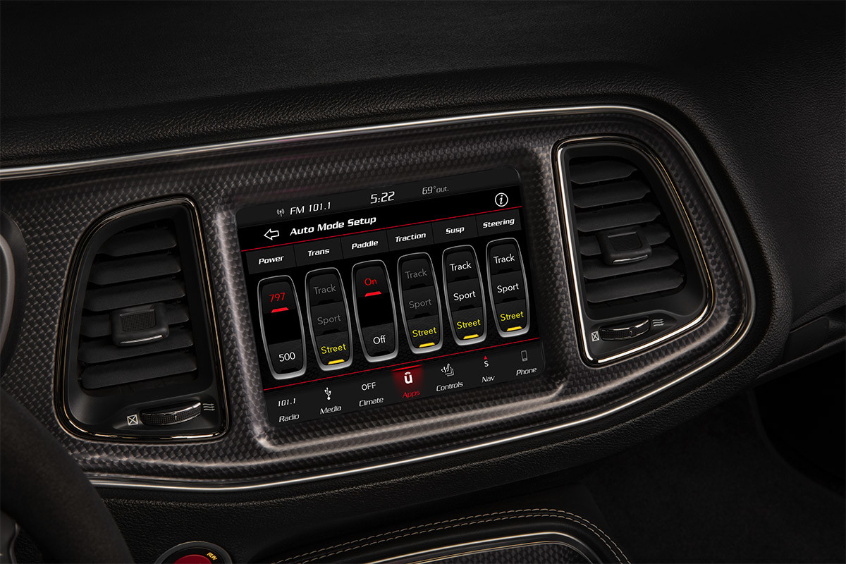 Closeup of the Uconnect 4C touchscreen displaying SRT drive mode settings.