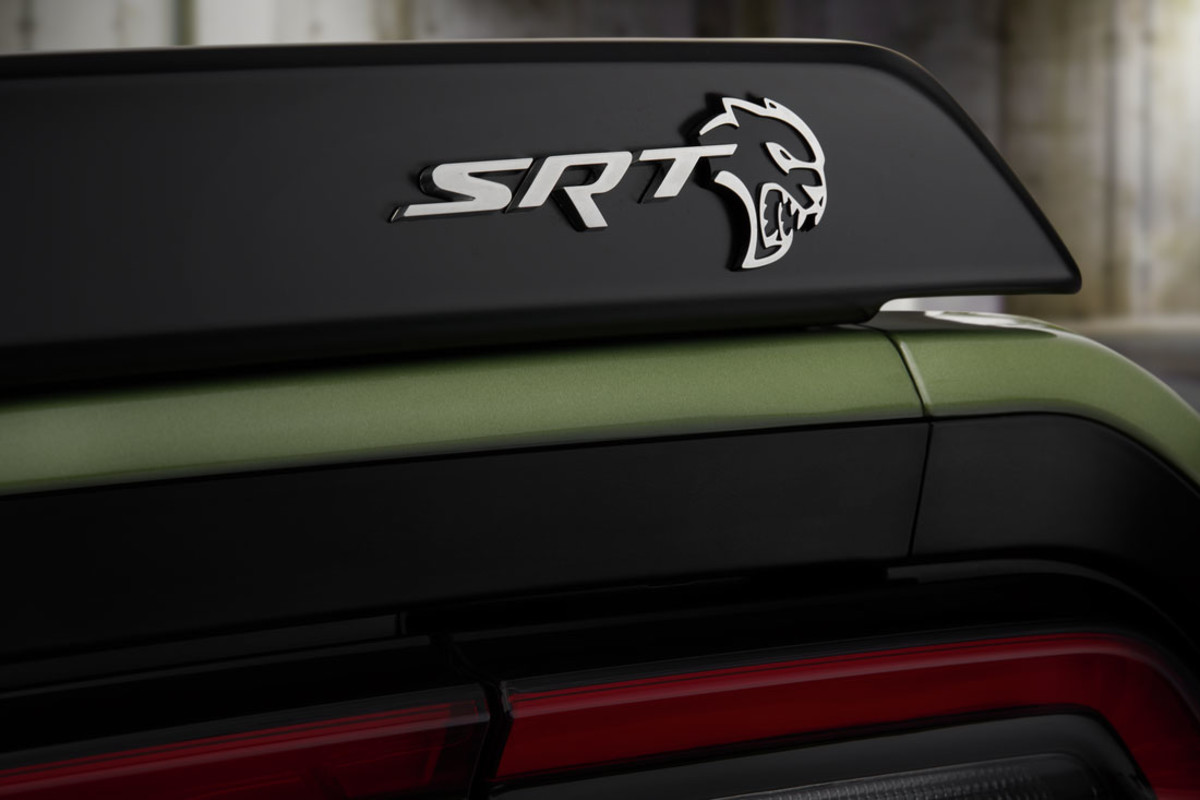 2022 Challenger SRT Hellcat Redeye Widebody in Triple Nickel, close up of available SRT Performance Spoiler.