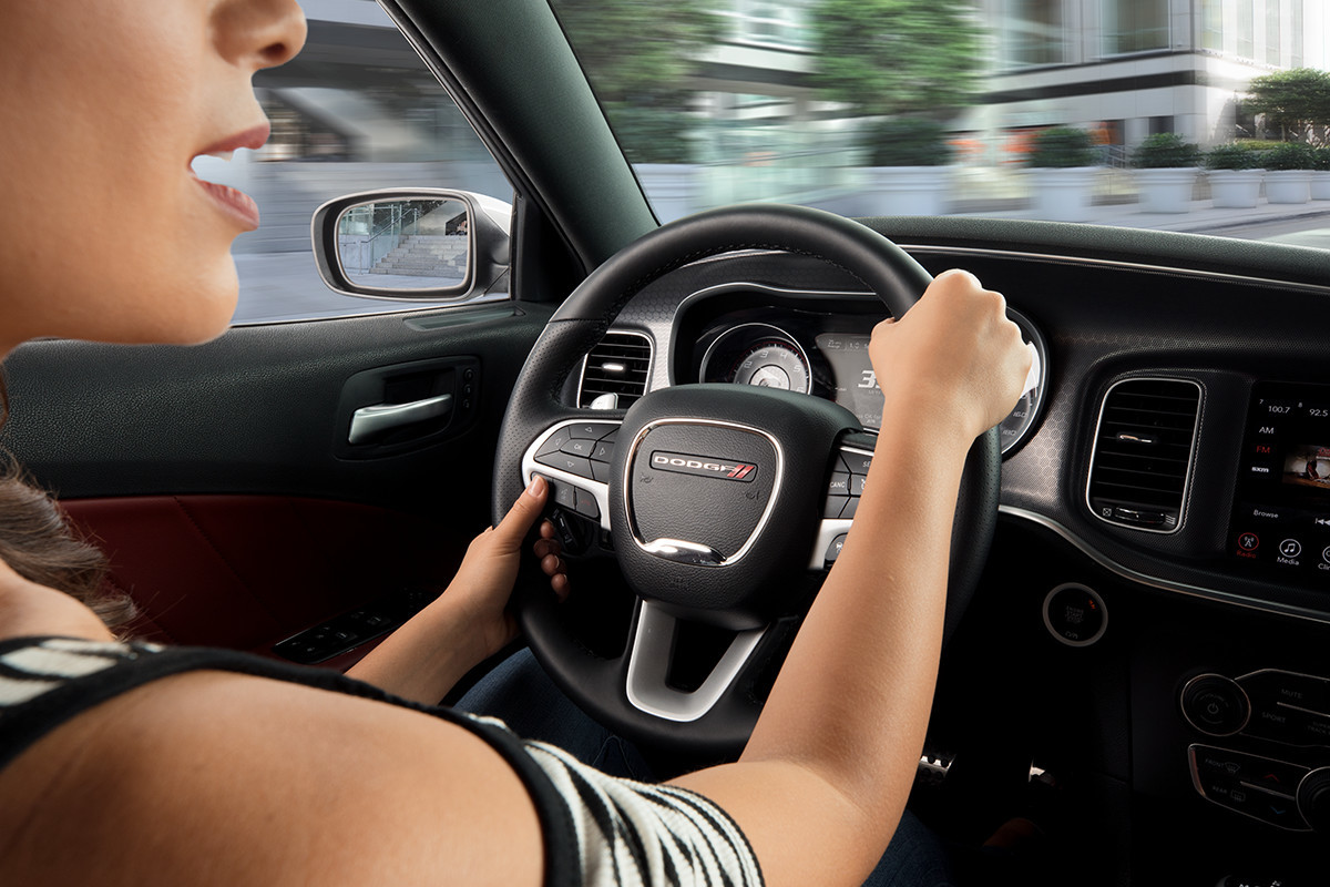 2019 Dodge Charger leather-wrapped steering wheel with audio and cruise controls
