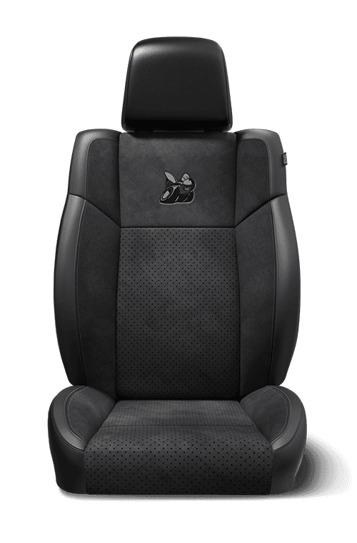 Nappa leather-faced with <span class="unbr">Alcantara<sup>®</sup></span> suede bolsters and perforated inserts – Black with Tungsten accent stitching