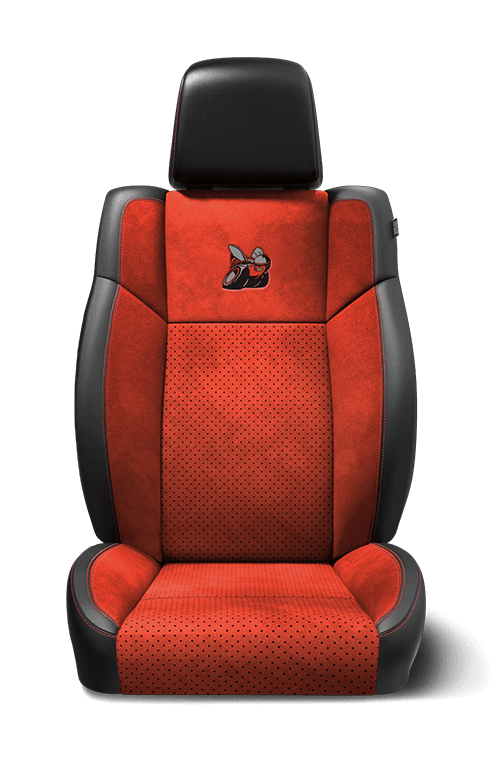 Nappa leather-faced with Alcantara<span class="unbr"><sup>®</sup></span> suede bolsters and perforated inserts – Black and Ruby Red with Ruby Red accent stitching