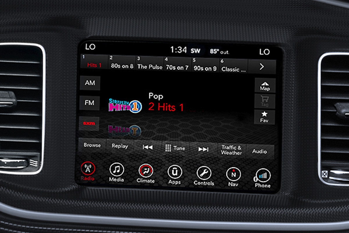 Close-up view of 7-inch touchscreen of the 2020 Dodge Charger with Uconnect® Multimedia Centre page