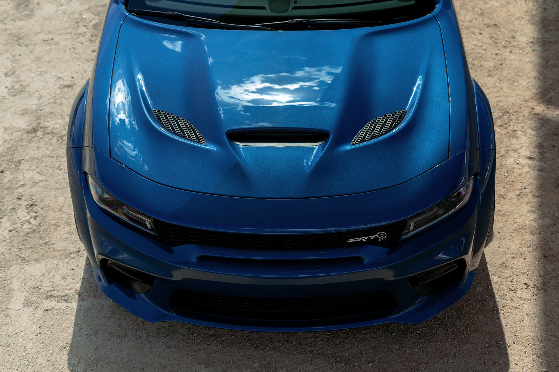 Bird’s-eye view of the blue 2020 Dodge Charger SRT® Hellcat front hood