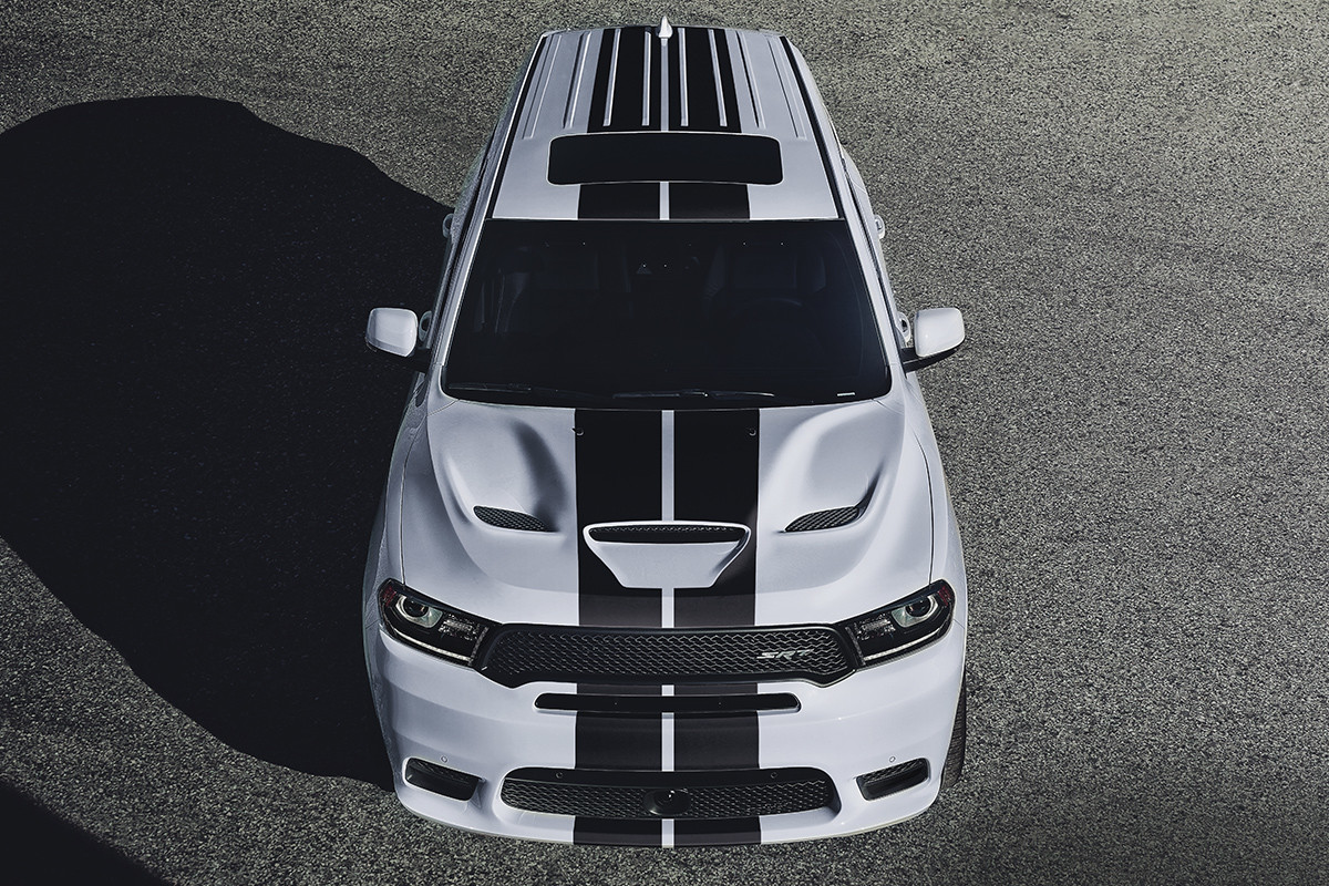 2019 Dodge Durango exterior view, top view, shown in white with black racing stripes
