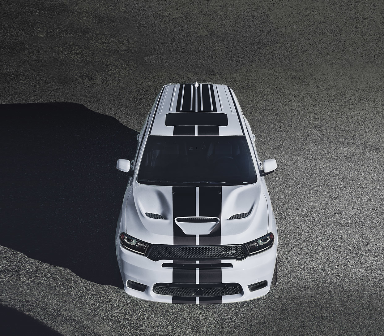 2019 Dodge Durango exterior view, top view, shown in white with black racing stripes