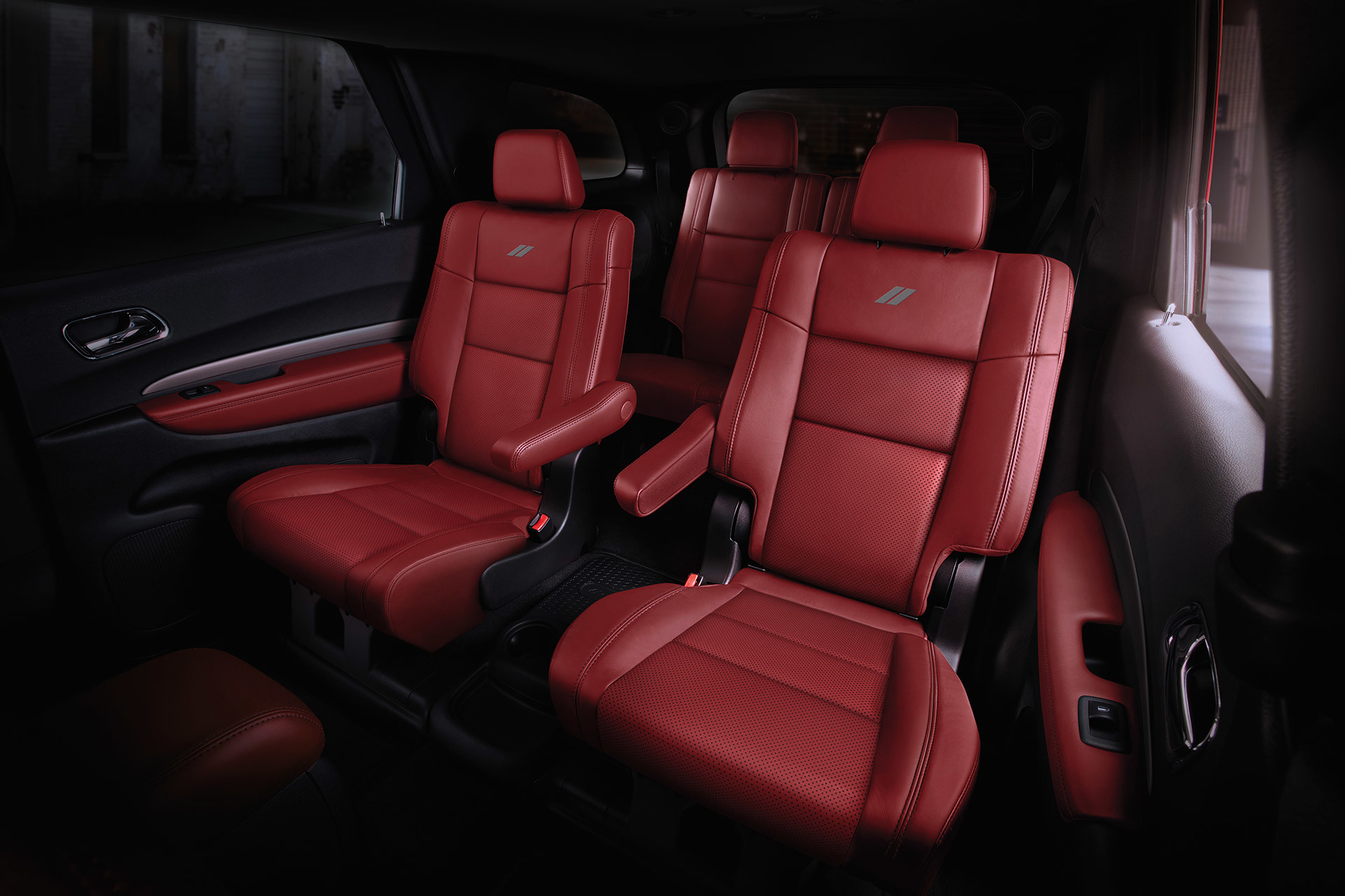 Nappa Leather faced Radar Red coloured back seats of 2020 Dodge Durango