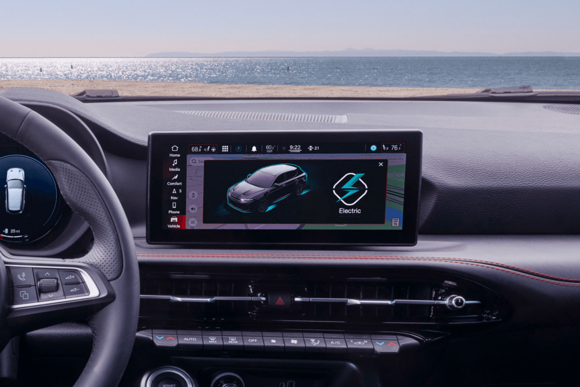 Close-up of the digital display screen inside a 2024 Hornet R/T PHEV with the Electric Mode displayed.
