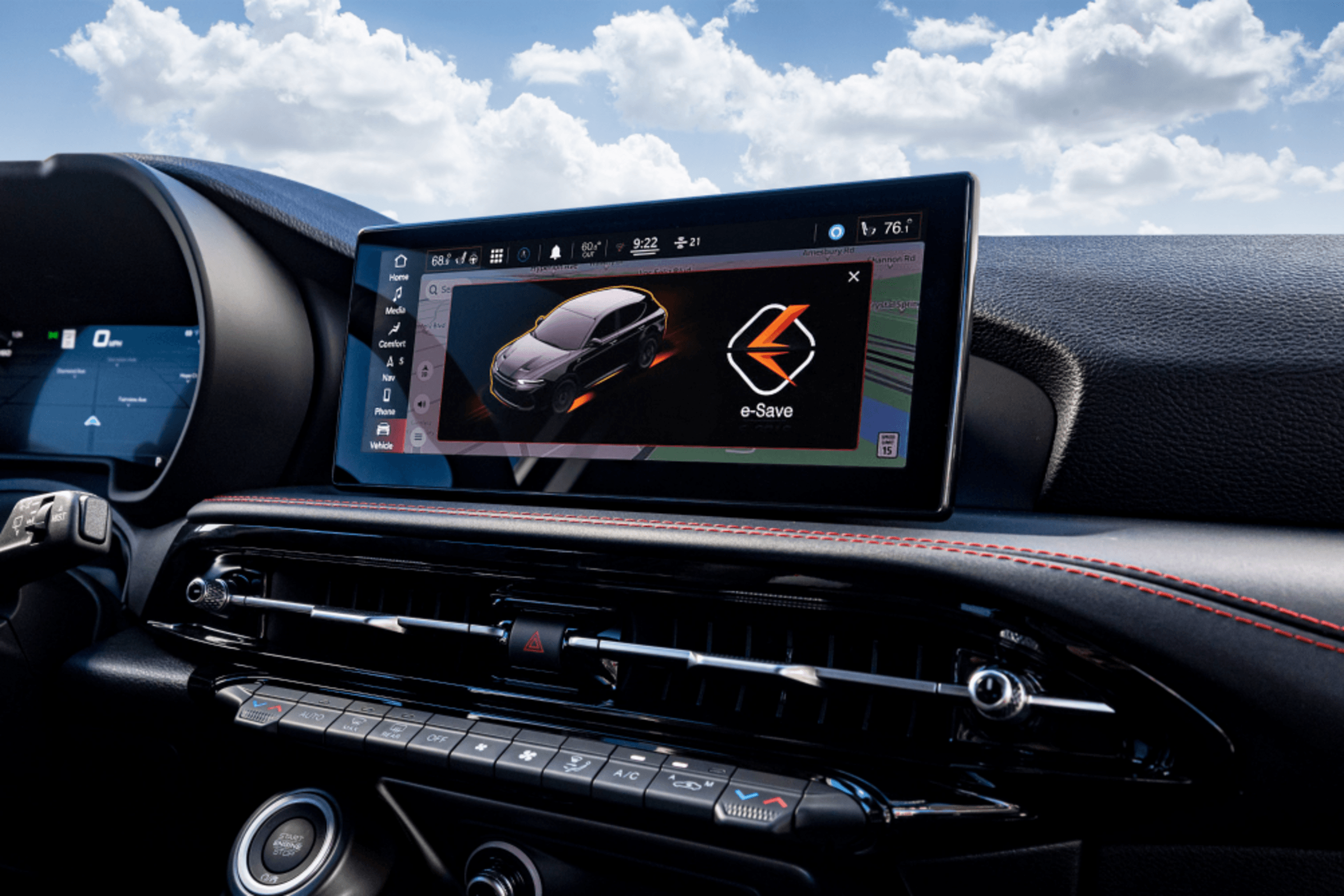 Close-up of the digital display screen inside a 2024 Hornet R/T PHEV with with E-Save Mode displayed.