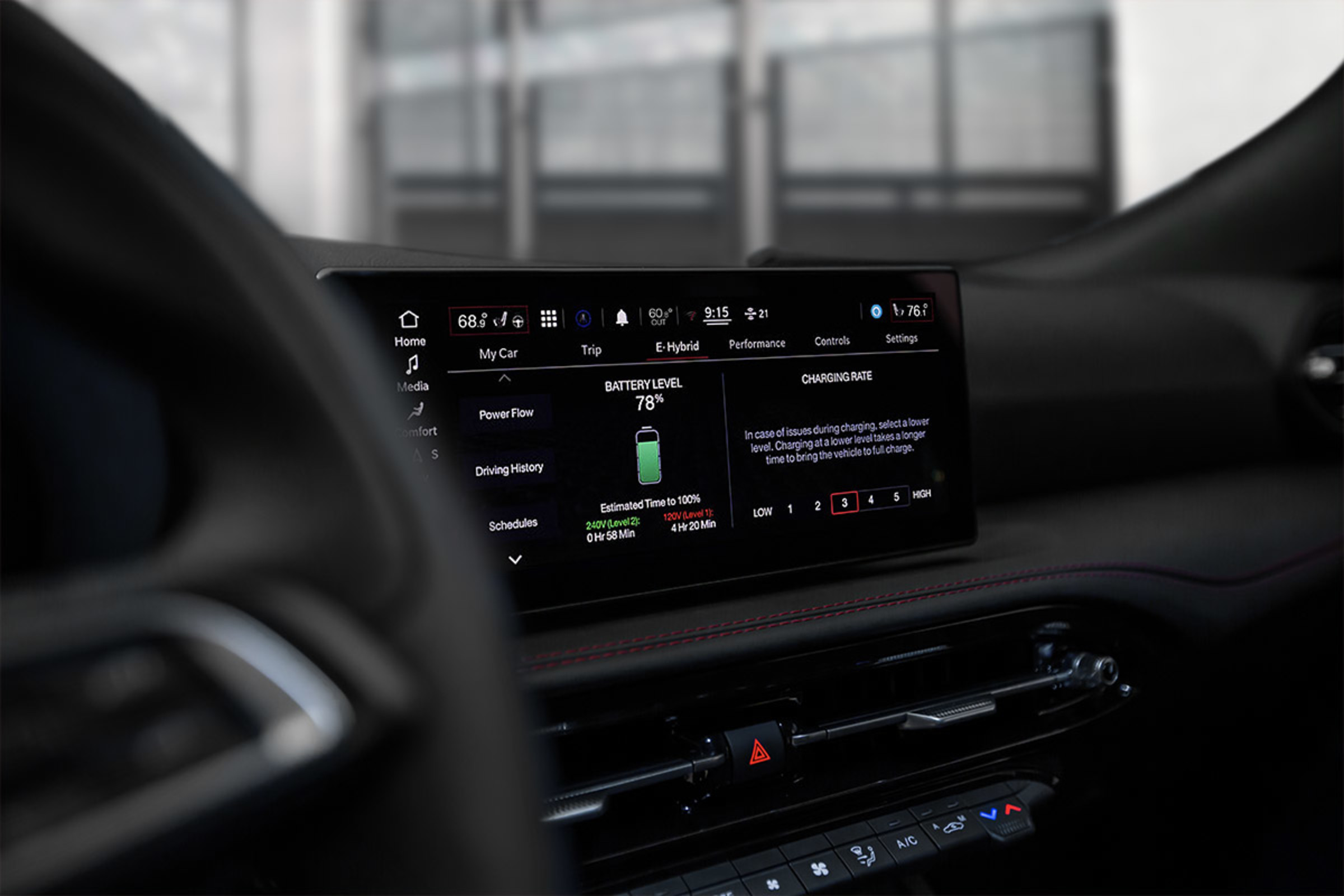 Close-up of the digital display screen inside a 2024 Hornet R/T PHEV with the charging displayed.