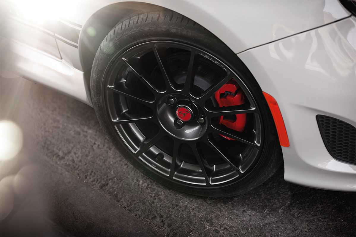 Left front wheel of a white 2019 FIAT® 500.