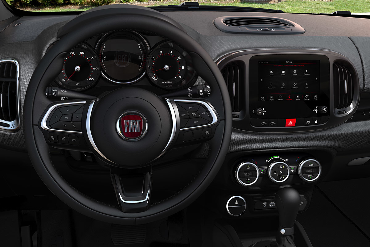 2019 Fiat 500L interior view of dashboard and Uconnect multimedia centre