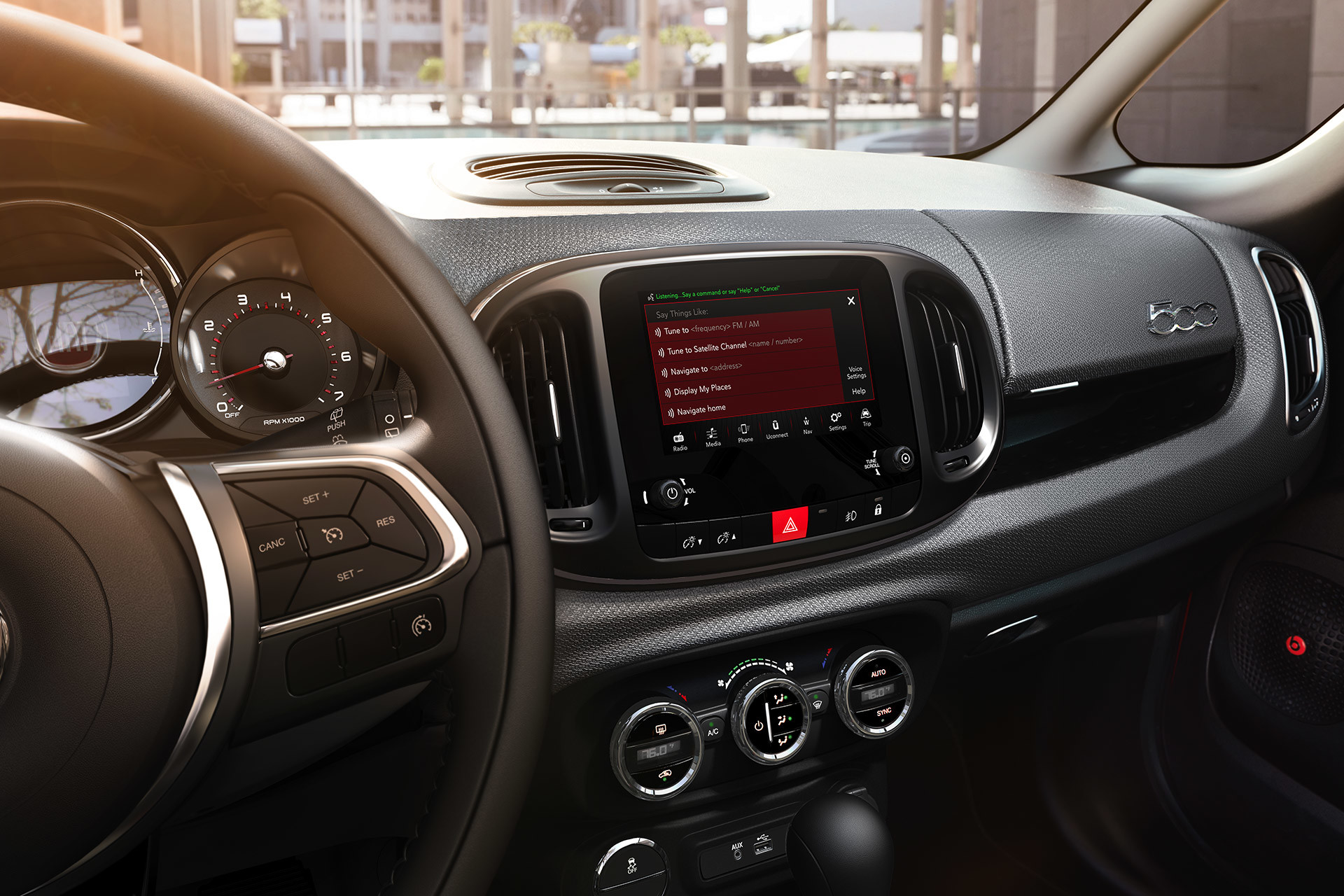 2019 Fiat 500L interior view of 7-inch full-colour touchscreen with Uconnect multimedia centre