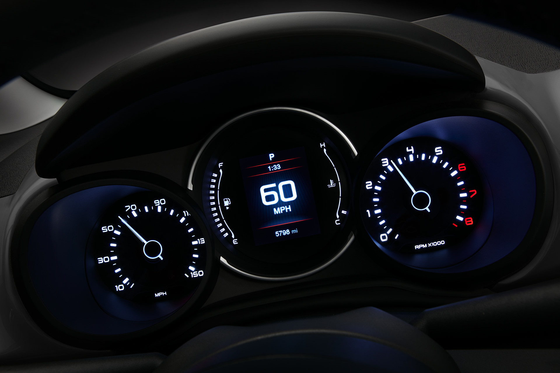 Speed cluster in the dashboard of the 2020 Fiat 500L