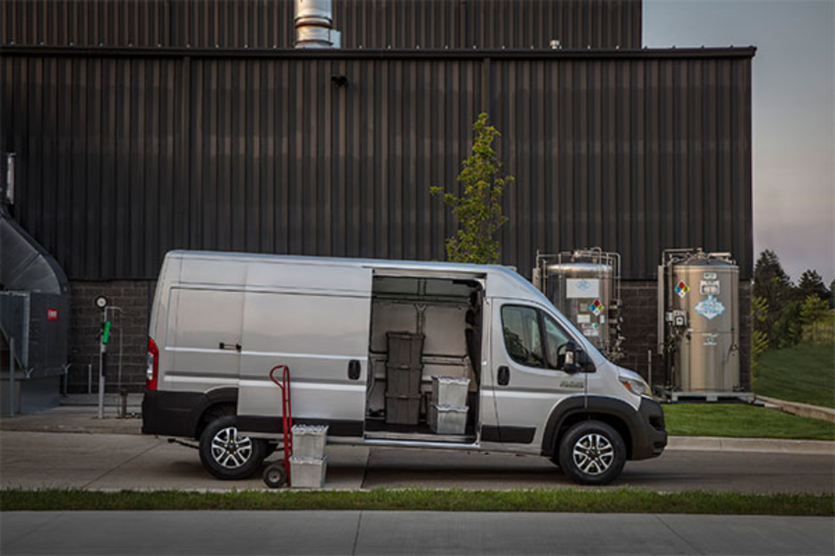 A 2023 Ram Promaster with the side door open.