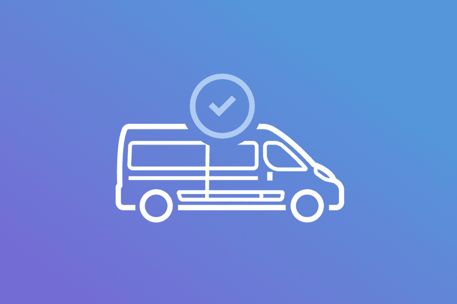 An icon of a van with a check mark on top of it.