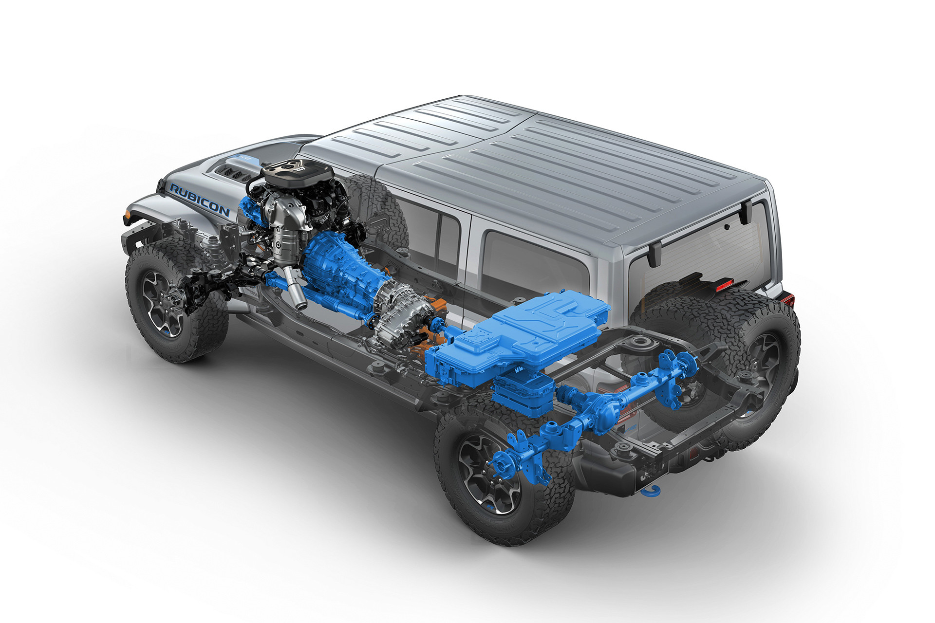 Vue du moteur et de la batterie à partir de l’habitacle du Jeep Wrangler 4xe 2021.
