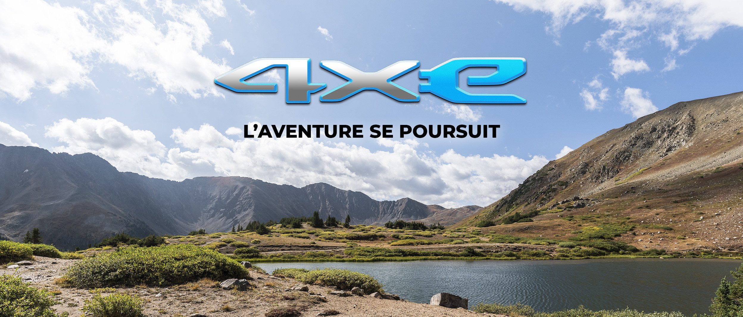 Logo 4xe sur un fond de paysage avec les mots L’aventure se poursuit