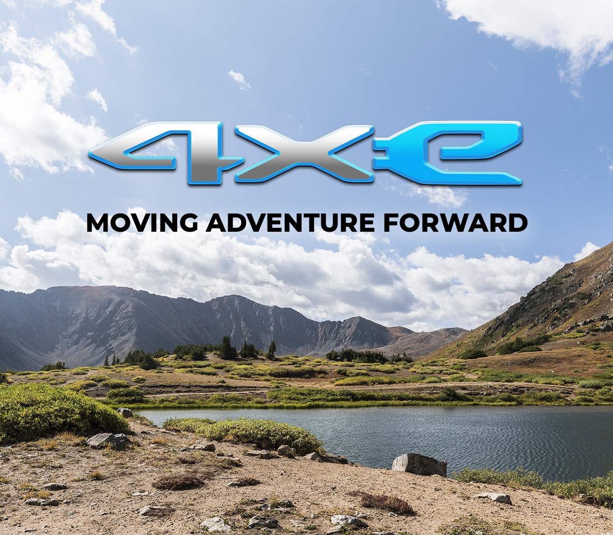 4xe logo on a landscape background with the words moving adventure forward