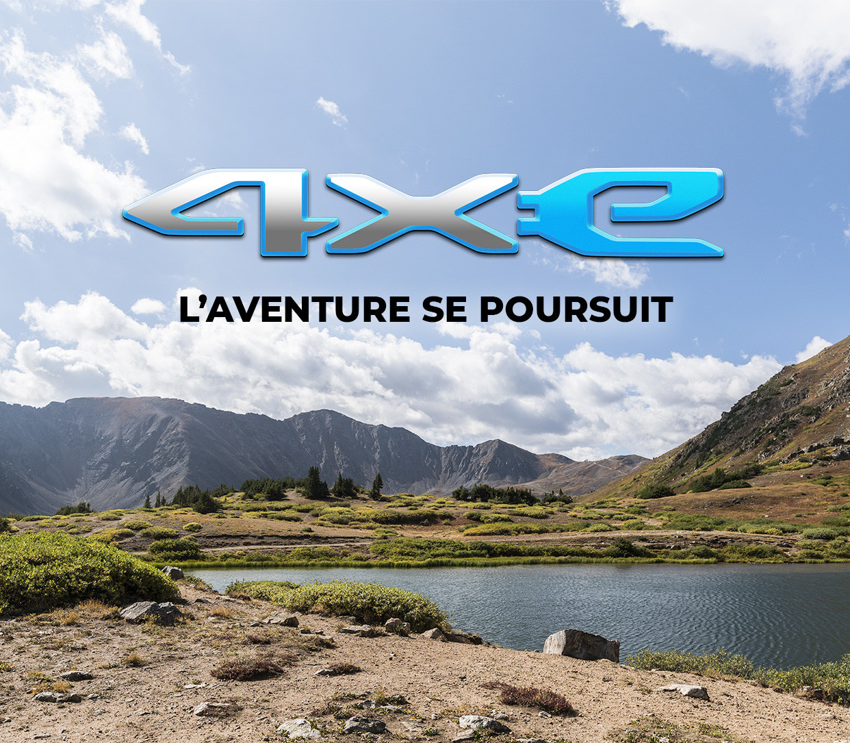 Logo 4xe sur un fond de paysage avec les mots L’aventure se poursuit