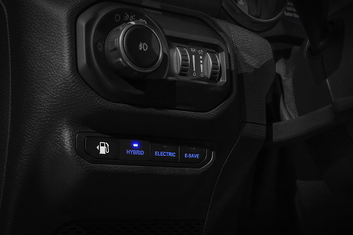 Close up view of the 2022 Jeep Wrangler 4xe drive mode buttons