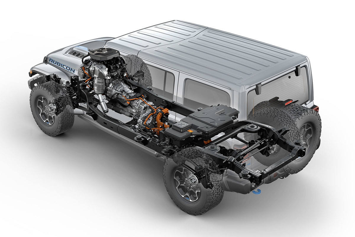 Skeleton view of the 2022 Jeep Wrangler 4xe, showing off the enteral specs.