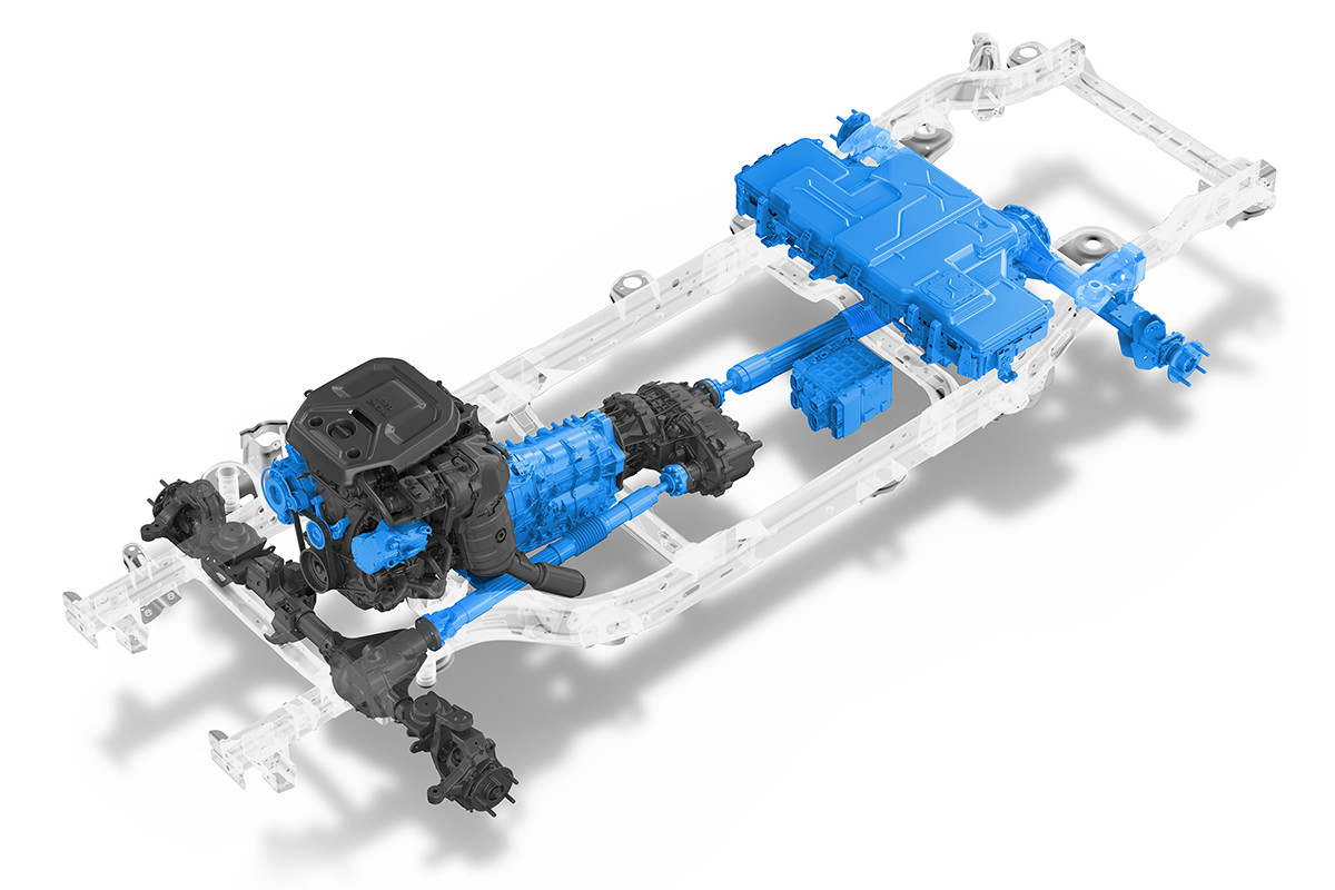 Close up of a skeleton of the 2022 Jeep Wrangler 4xe engine and battery.
