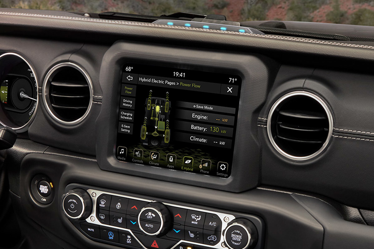Close up of the Uconnect multimedia centre inside the 2022 Jeep Wrangler 4xe.