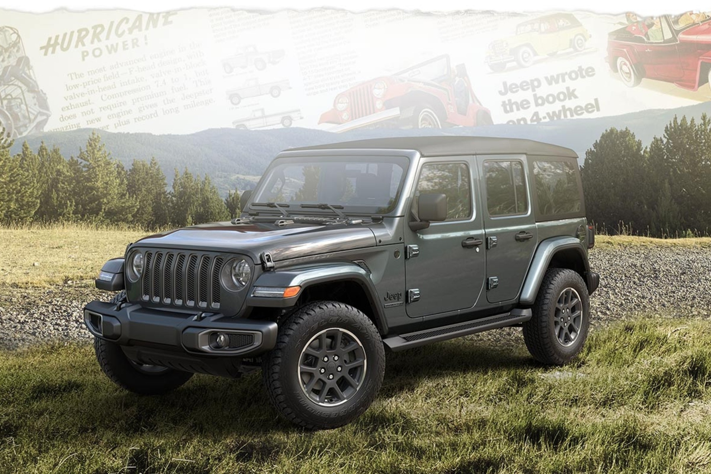 2021 Jeep Wrangler in granite crystal in a field.