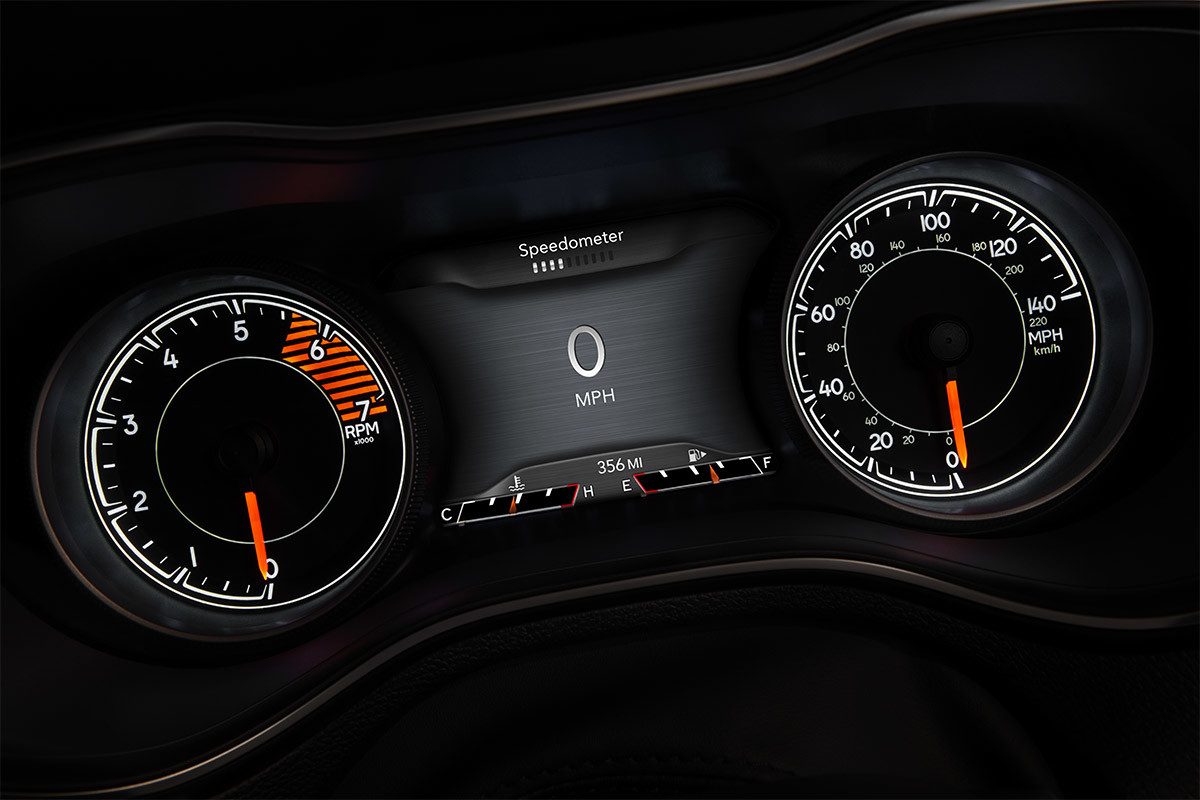 Zoomed in view of dashboard highlighting customizable in-cluster display of 2020 Jeep Cherokee