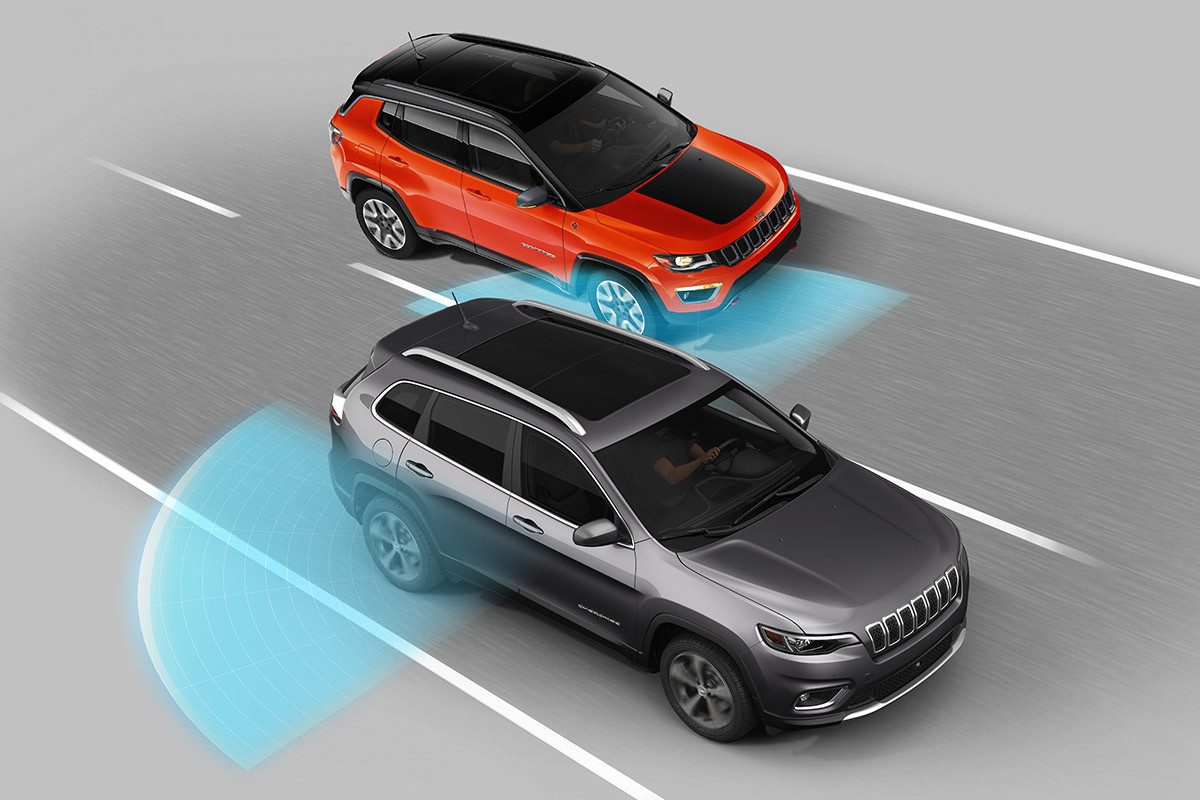 Bird eye view of 2020 Jeep Cherokee highlighting Blind-Spot Monitoring System in a parking lot