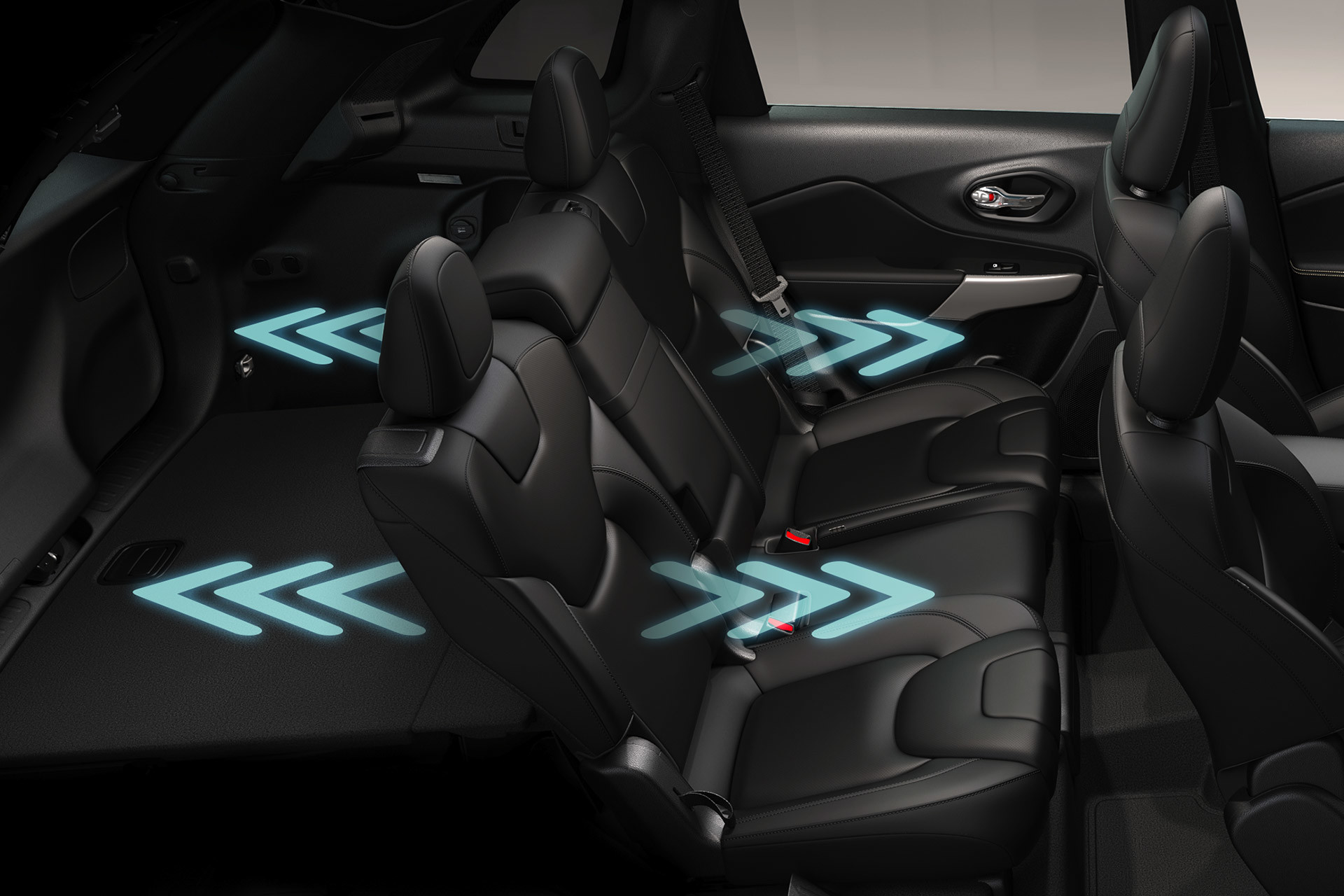 Side view of 2020 Jeep Cherokee interior highlighting rear seats slide feature