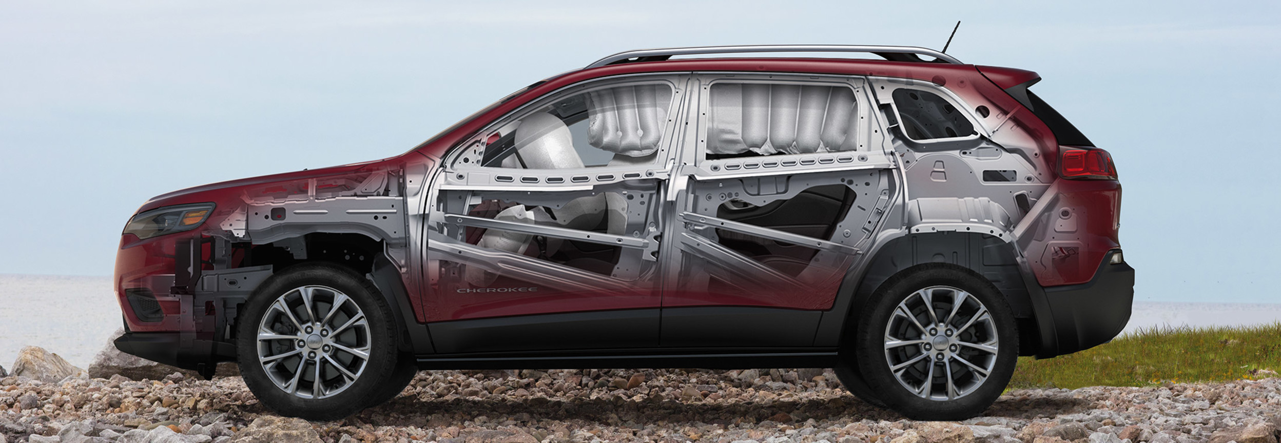 Cutaway image of the 2021 Jeep Cheroke showing its protective frame and airbags.