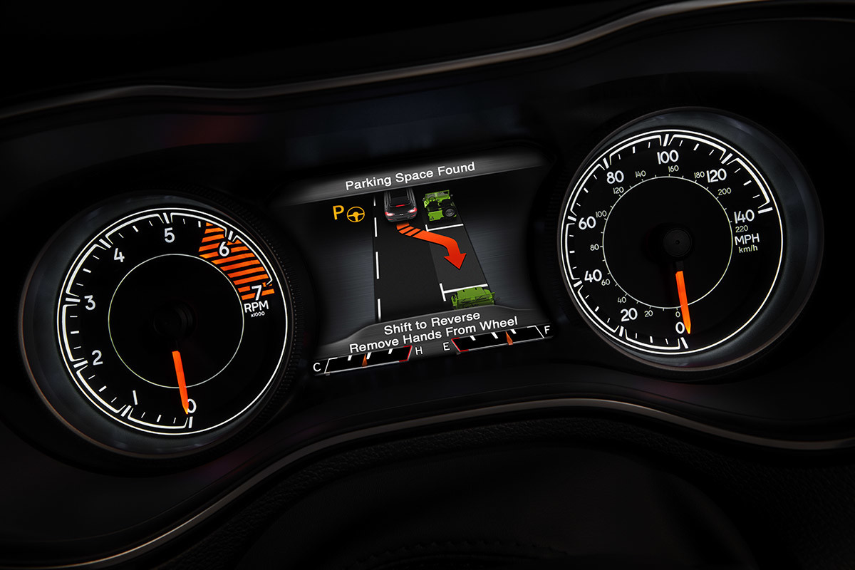 Close up shot of the 7-Inch Cluster, including speedometer, tachometer, temperature and fuel gauges.