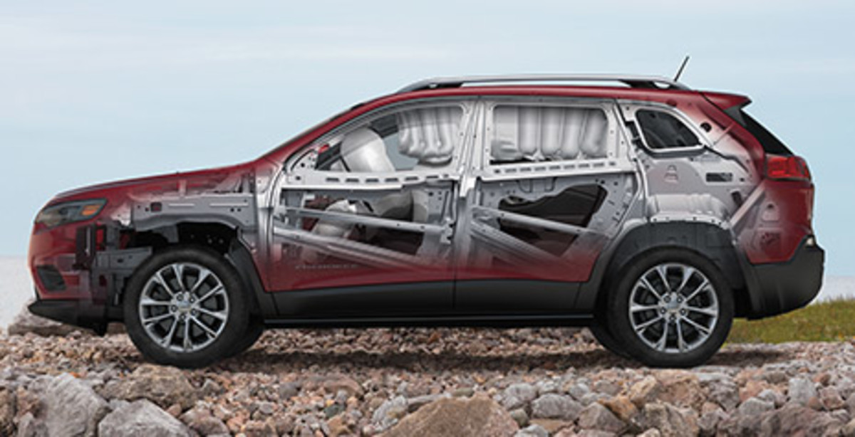 ADVANCED SAFETY FEATURES A side view of a Velvet Red Pearl 2021 Cherokee overlaid with an illustration of the vehicle’s structural framework.