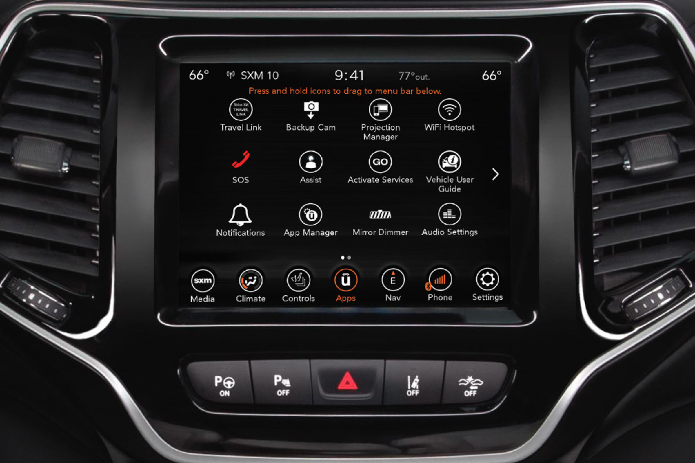 A close-up of the 2021 Cherokee Uconnect multimedia centre with 8.4-inch touchscreen.
