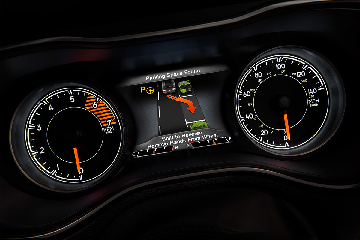 Close up shot of the 7-Inch Cluster, including speedometer, tachometer, temperature and fuel gauges.