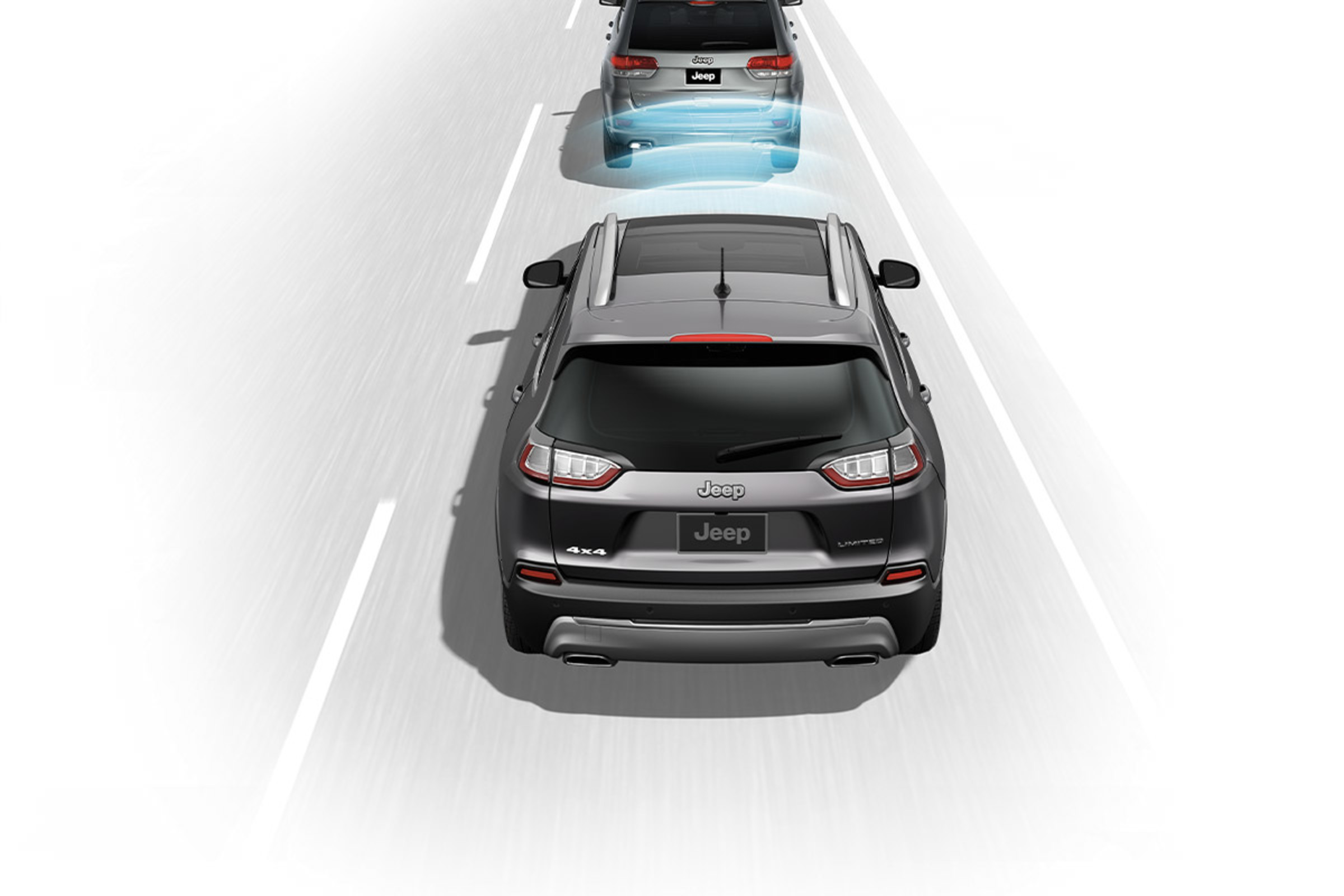Graphic of a 2022 Jeep Cherokee in traffic. Adaptive Cruise Control sensors are visually represented by a series of arced lines radiating from the front bumper towards the vehicle ahead.