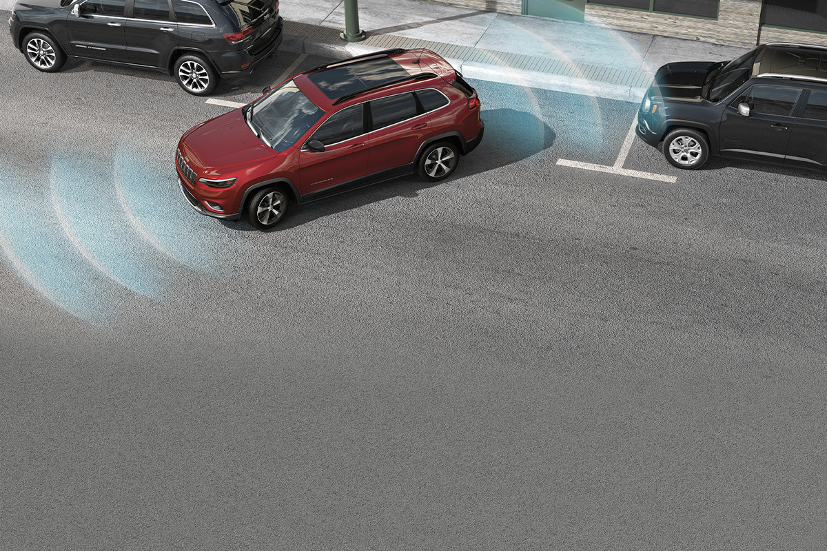 Graphic of a 2022 Jeep Cherokee parallel parking. A visual representation of the Park Assist sensors is shown.