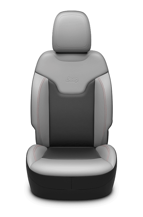Sièges à dessus en cuir avec empiècements perforés - noir/gris slalom avec coutures contrastantes rouge rubis
et logo Jeep<sub>®</sub> en relief
