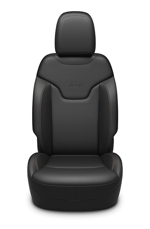 Sièges à dessus en cuir avec empiècements perforés - noir avec coutures contrastantes beige bison et
logo Jeep<sub>®</sub> en relief