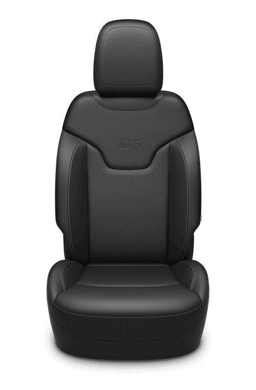 Sièges à dessus en cuir avec empiècements perforés - noir avec coutures contrastantes beige bison et logo Jeep<sub>®</sub> en relief