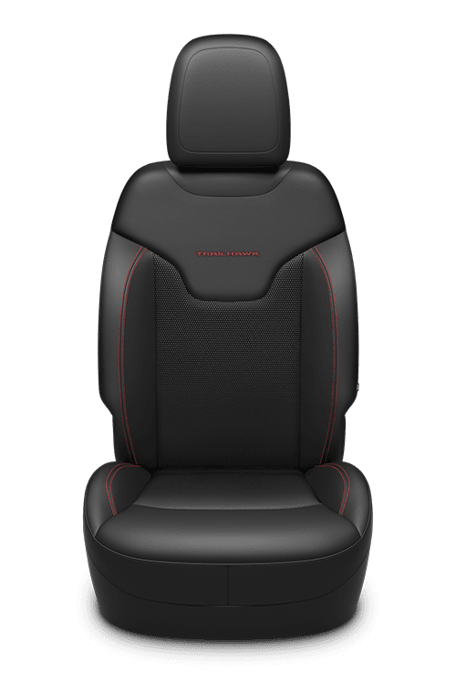 Sièges à dessus en cuir avec empiècements en filet ombré - noir avec coutures contrastantes rouge rubis et logo Trailhawk<sup>MD</sup>