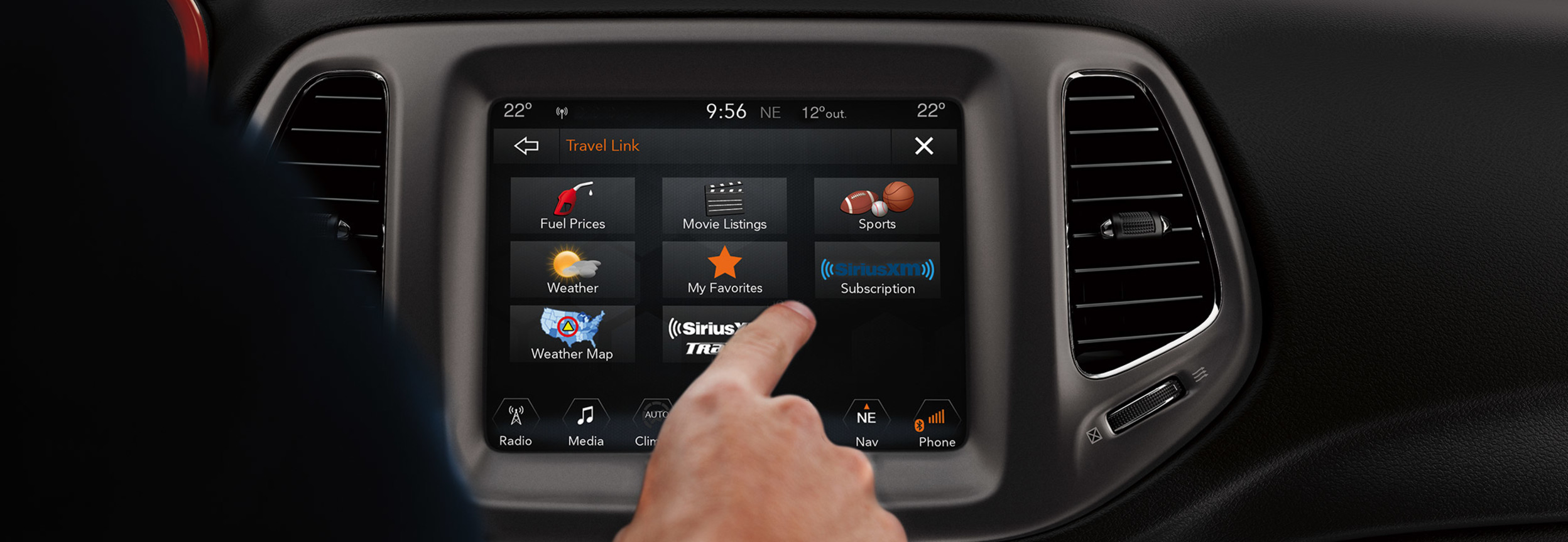Interior view of the entertainment system in a Jeep Compass