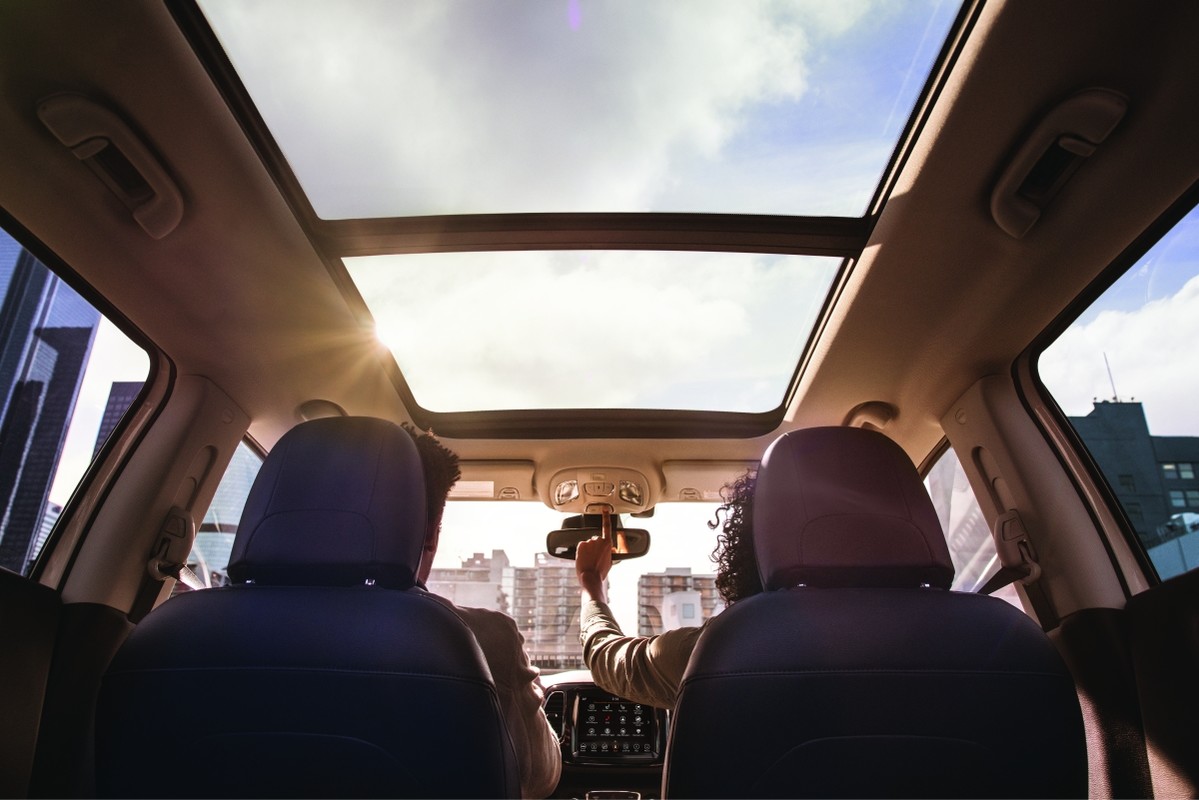 Overall view of a dual panoramic sunroof of the 2020 Jeep Compass